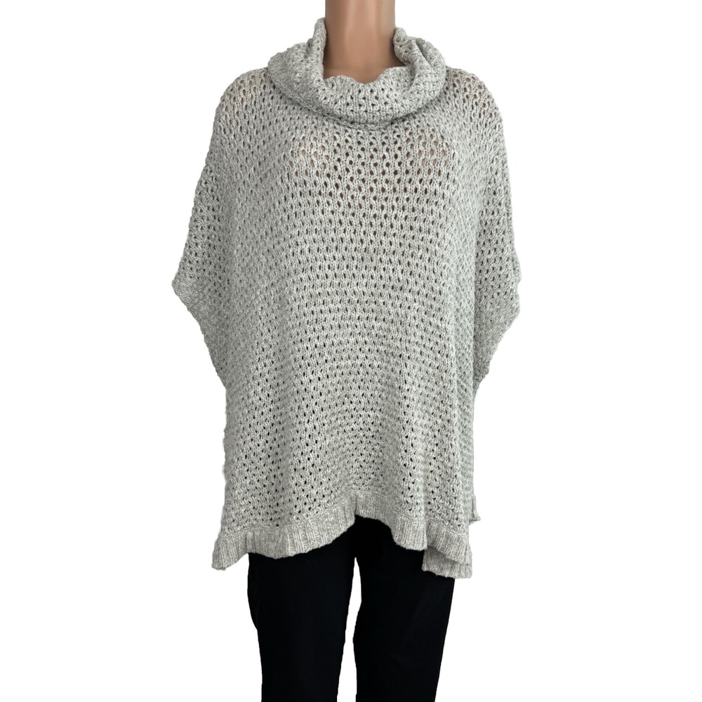 Crown & Ivy Women's One Size Light Gray Cowl Neck Open Knit Poncho Split Hem